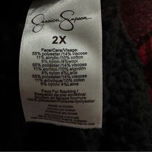 Jessica Simpson Plaid Buffalo Check Jacket Sz 2X Fleetwood Sherpa Moto Red Black - Picture 4 of 14